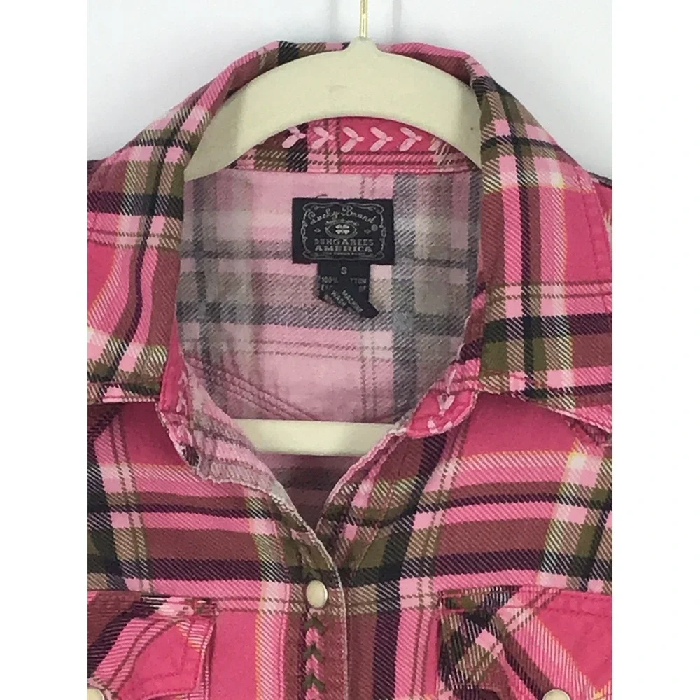 Lucky Brand Dungarees Pink Plaid Snap Western Shirt Embroidered Trim Vtg Size S - Picture 2 of 7